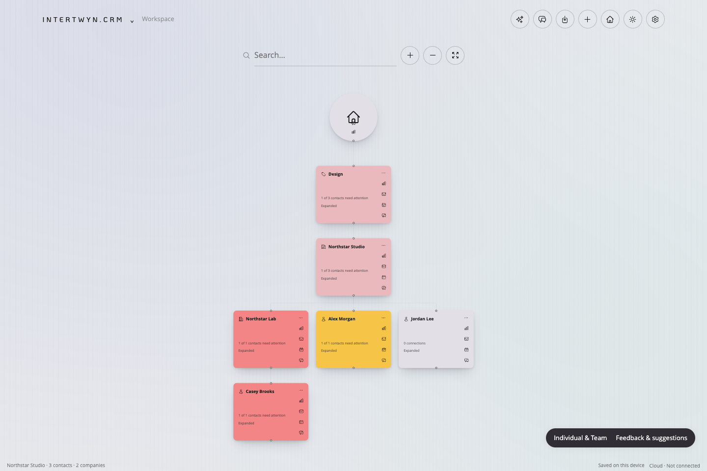 INTERTWYN.CRM relationship workspace with fictional Northstar Studio contacts